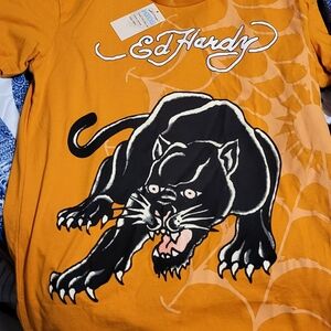 Ed Hardy Orange Kids Short Sleeve Tee with Black Panther Design